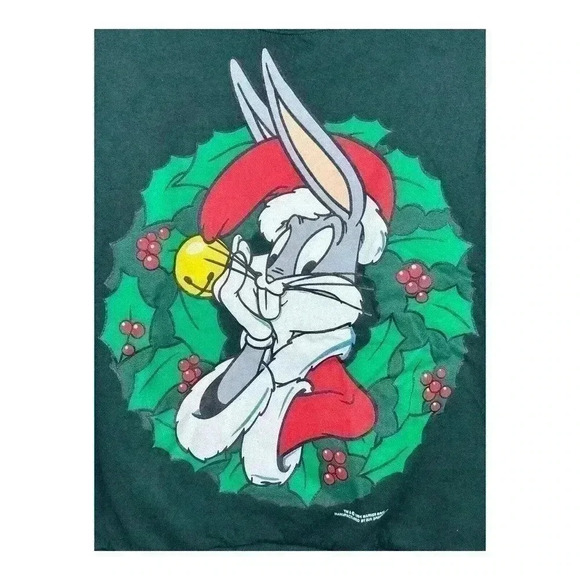 Vintage Christmas Looney Tunes Bugs Bunny Crewneck Size Medium Green 1994 Warner - Picture 4 of 12